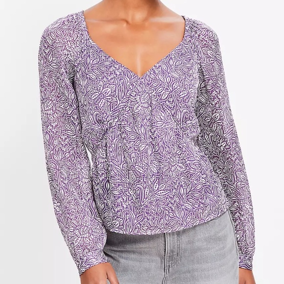 NWT LOFT Top Tulip Striped Sweetheart-Neck Blouse Women XXL Purple/White Chiffon - Picture 1 of 9